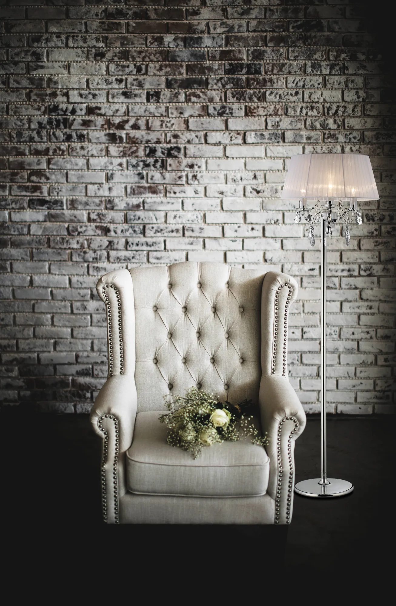 Olivia Polished Chrome-White Crystal Floor Lamps Diyas Shaded Floor Lamps